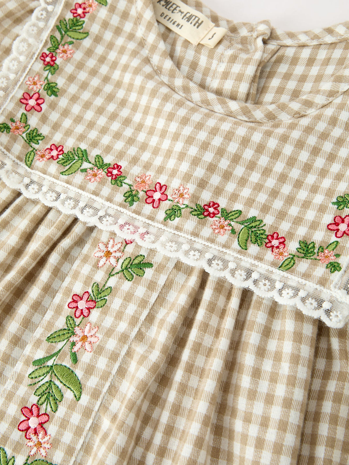 Fall Girls Khaki Plaid Floral Embroidered Dress - Rylee Faith Designs - Flyclothing LLC