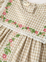 Fall Girls Khaki Plaid Floral Embroidered Dress - Rylee Faith Designs - Flyclothing LLC
