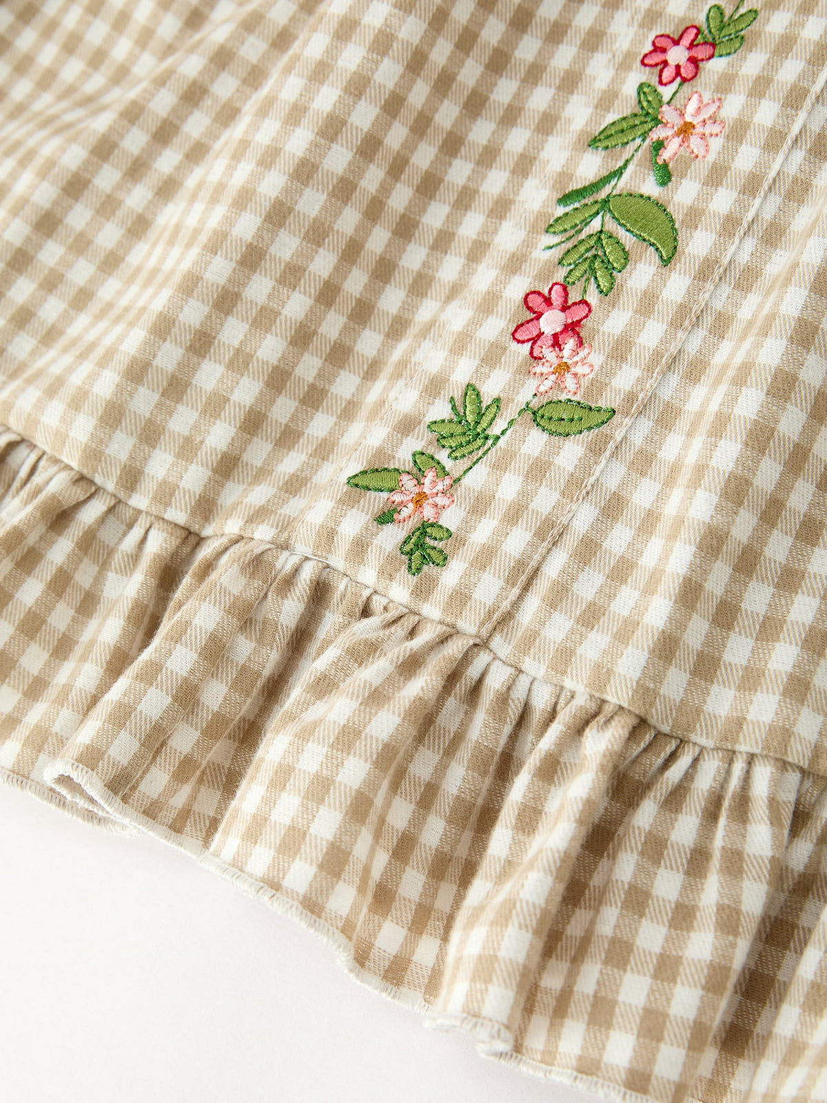 Fall Girls Khaki Plaid Floral Embroidered Dress - Rylee Faith Designs - Flyclothing LLC