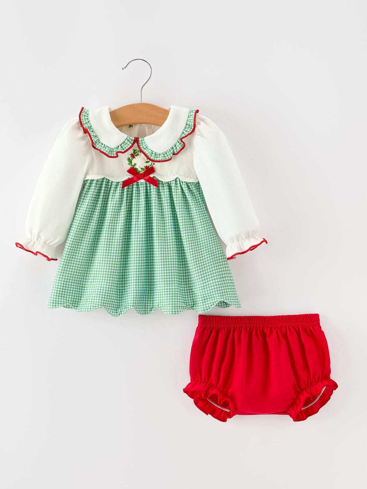 Baby Girls Christmas Green Plaid Embroidered Dress Top & Bloomer Set - Rylee Faith Designs - Flyclothing LLC