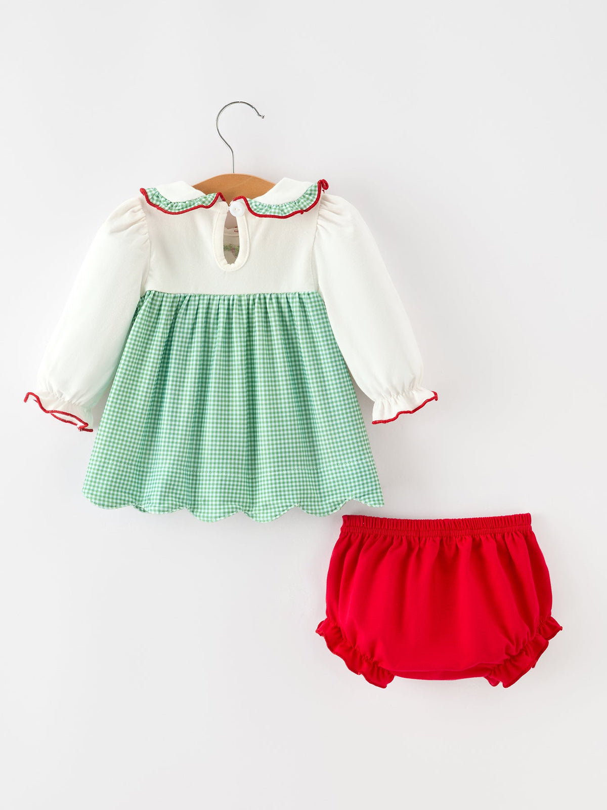 Baby Girls Christmas Green Plaid Embroidered Dress Top & Bloomer Set - Rylee Faith Designs - Flyclothing LLC