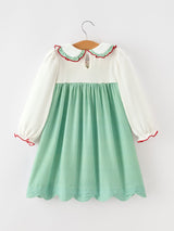 Girls Christmas Green Plaid Embroidered Long Sleeve Dress