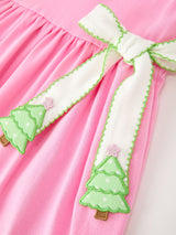Girls Christmas Pink Bow & Christmas Tree Peter Pan Collar Dress - Rylee Faith Designs - Flyclothing LLC