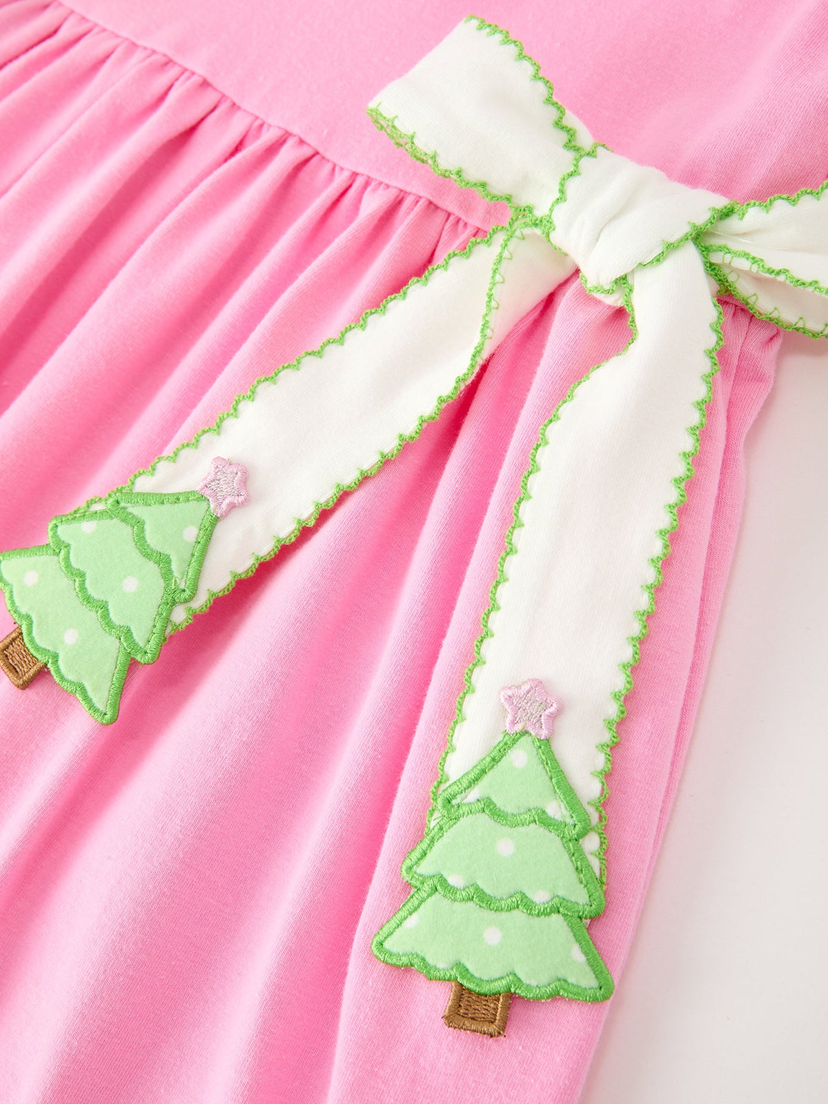 Girls Christmas Pink Bow & Christmas Tree Peter Pan Collar Dress - Rylee Faith Designs - Flyclothing LLC