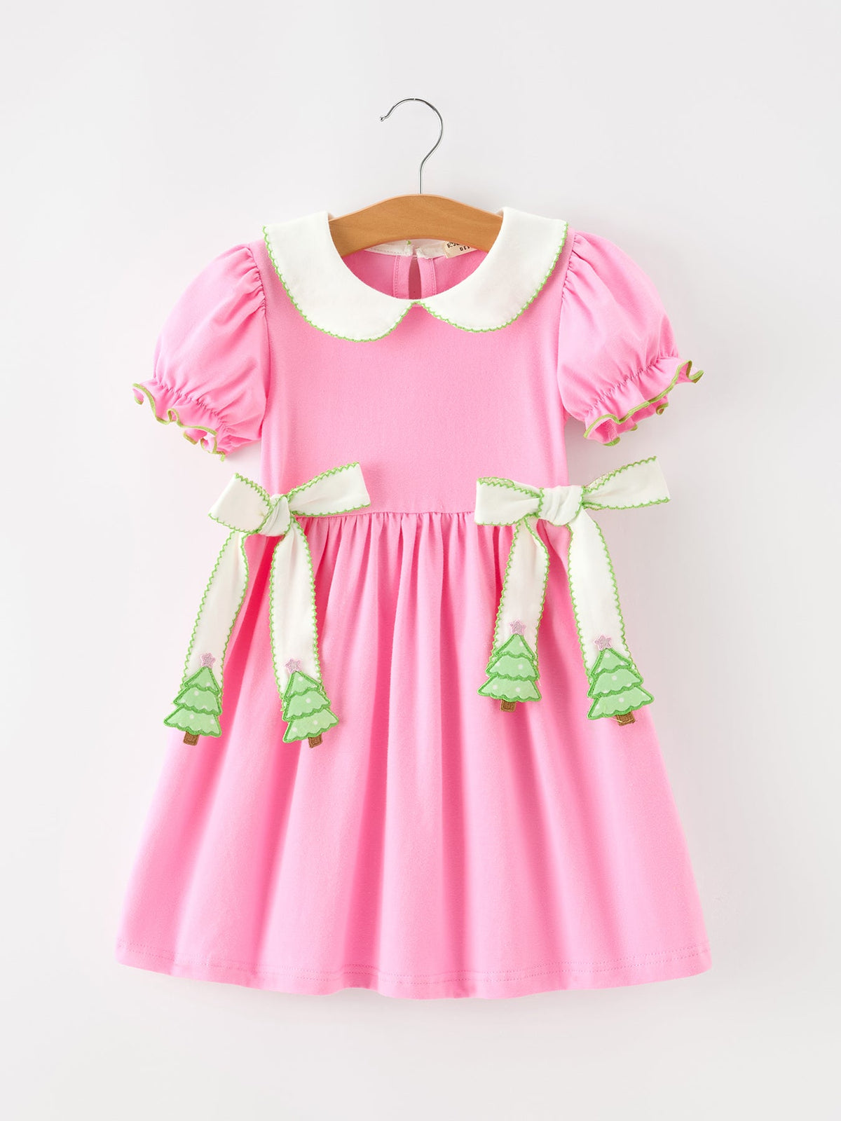 Girls Christmas Pink Bow & Christmas Tree Peter Pan Collar Dress - Rylee Faith Designs - Flyclothing LLC