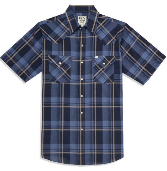 Men's Ely Cattleman Short Sleeve Plaid Western Snap Shirt- Blue & Brown - Ely Cattleman