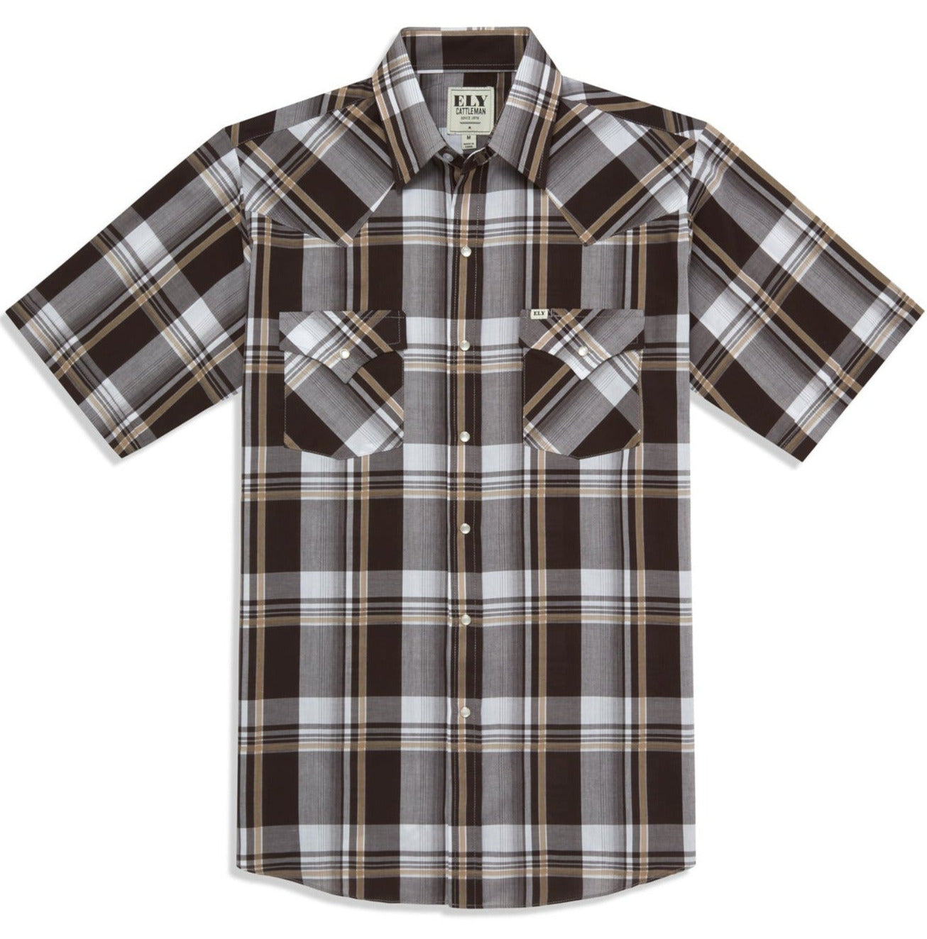 Men's Ely Cattleman Short Sleeve Plaid Western Snap Shirt- Blue & Brown