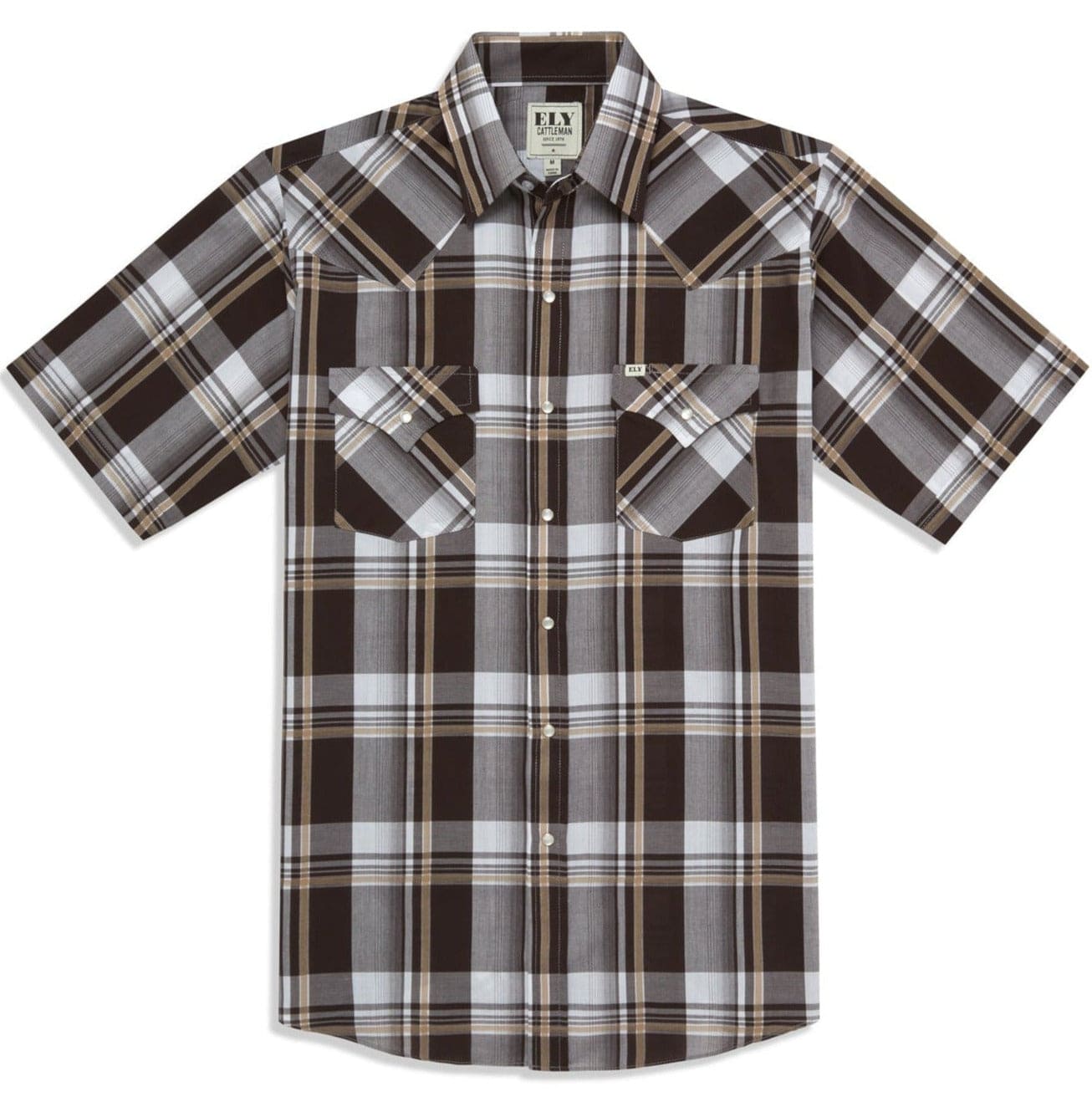 Men's Ely Cattleman Short Sleeve Plaid Western Snap Shirt- Blue & Brown - Ely Cattleman