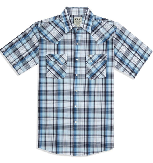 Men's Ely Cattleman Short Sleeve Plaid Western Snap Shirt- Brown & Blue - Ely Cattleman