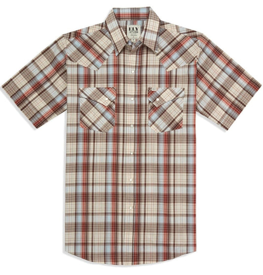 Men's Ely Cattleman Short Sleeve Plaid Western Snap Shirt- Brown & Blue - Ely Cattleman
