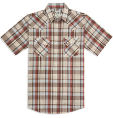 Men's Ely Cattleman Short Sleeve Plaid Western Snap Shirt- Brown & Blue