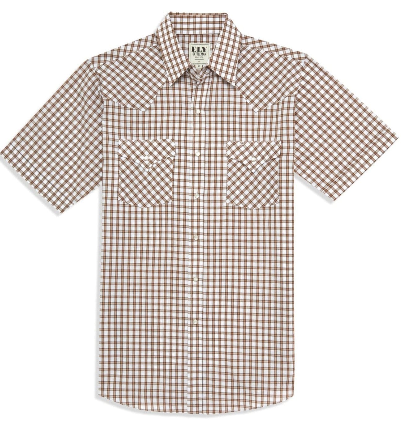 Men's Ely Cattleman Short Sleeve Plaid Western Snap Shirt- Brown & Navy - Ely Cattleman