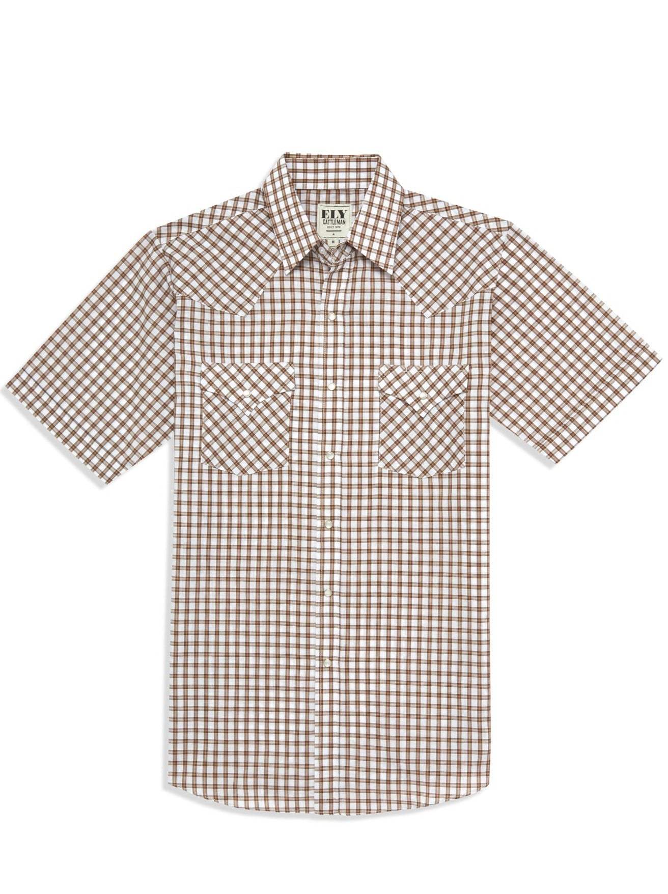 Men's Ely Cattleman Short Sleeve Plaid Western Snap Shirt- Brown & Navy - Ely Cattleman - Flyclothing LLC