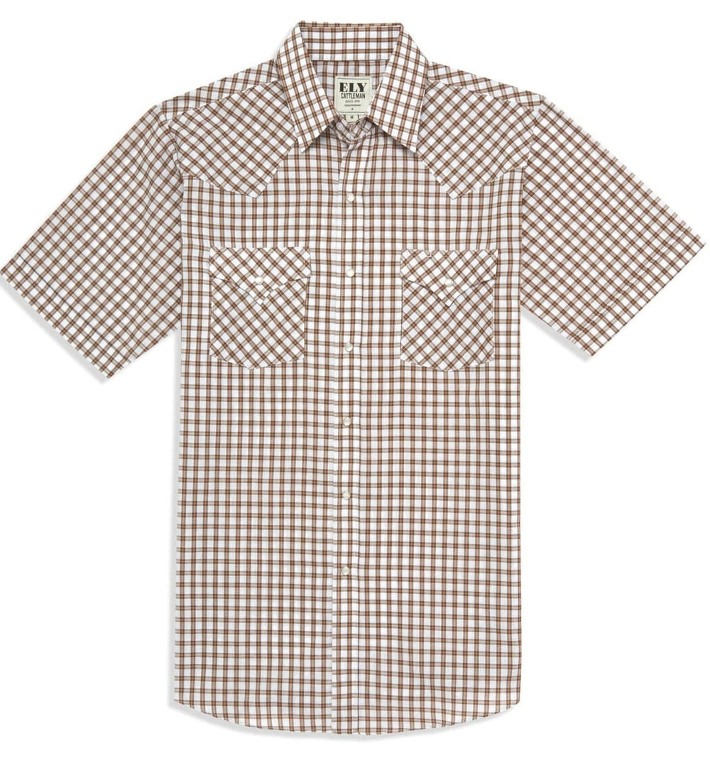Men's Ely Cattleman Short Sleeve Plaid Western Snap Shirt- Brown & Navy - Ely Cattleman