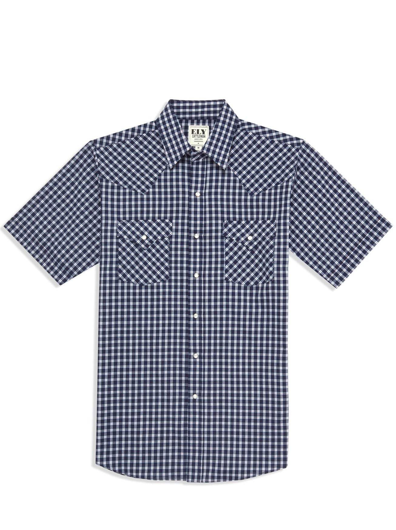 Men's Ely Cattleman Short Sleeve Plaid Western Snap Shirt- Brown & Navy - Ely Cattleman - Flyclothing LLC