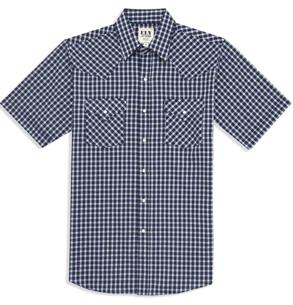 Men's Ely Cattleman Short Sleeve Plaid Western Snap Shirt- Brown & Navy - Ely Cattleman - Flyclothing LLC