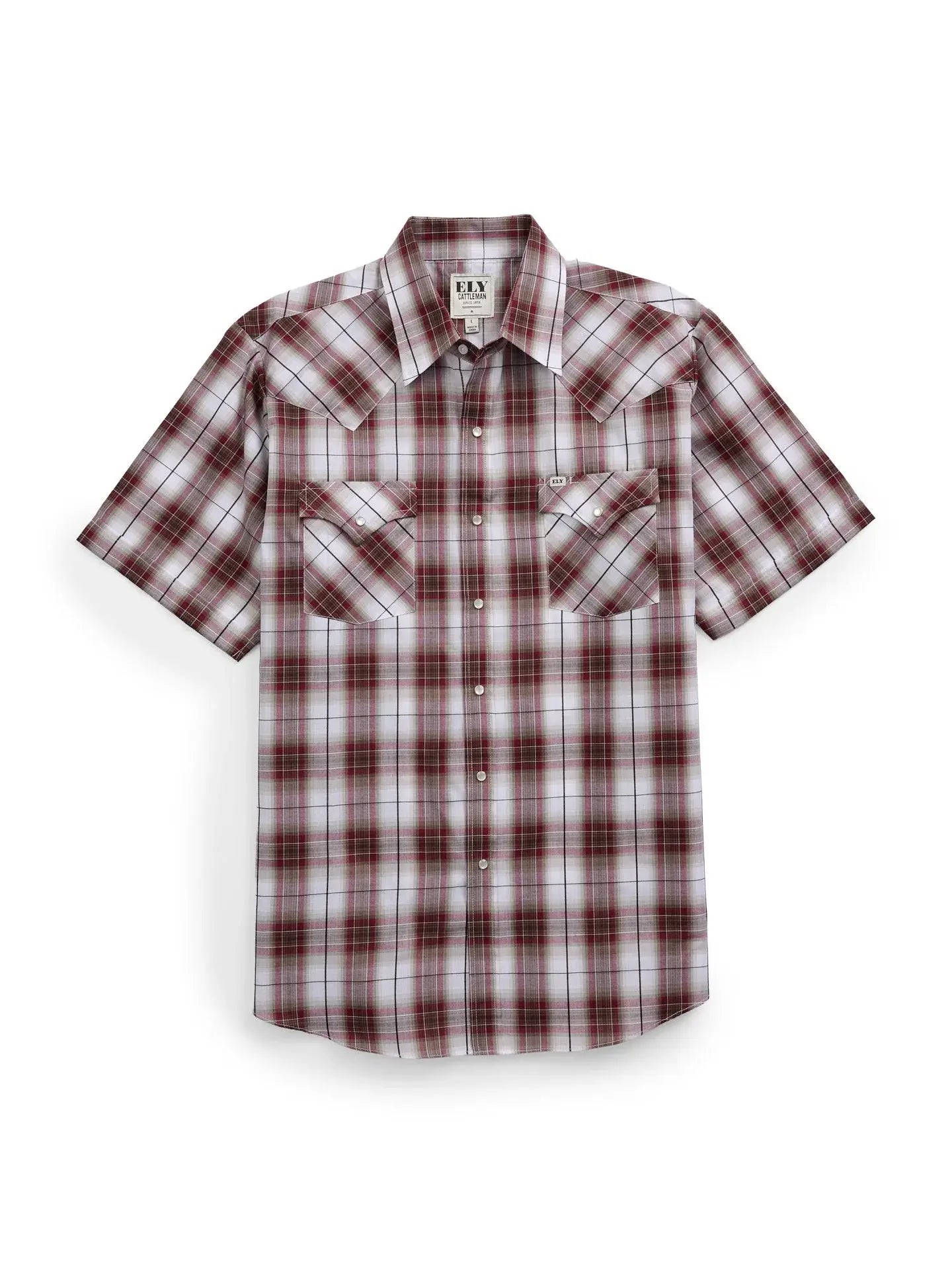 Men's Ely Cattleman Short Sleeve Plaid Western Snap Shirt- Burgundy & Navy - Ely Cattleman - Flyclothing LLC