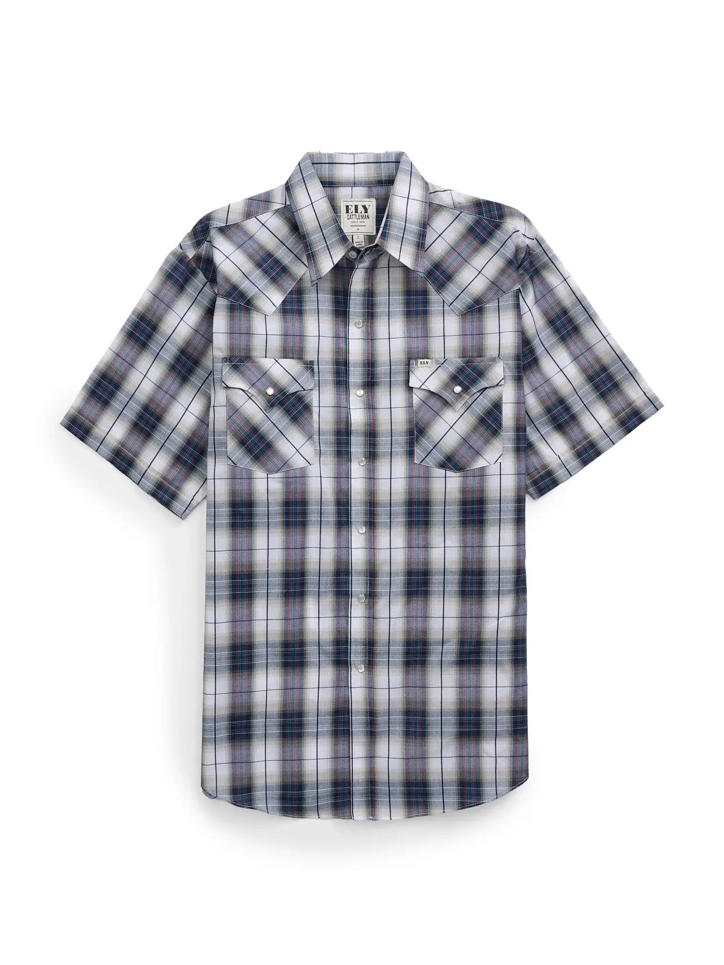 Men's Ely Cattleman Short Sleeve Plaid Western Snap Shirt- Burgundy & Navy - Ely Cattleman - Flyclothing LLC