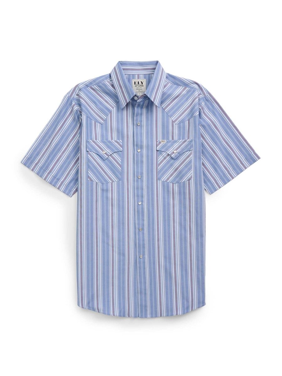 Men's Ely Cattleman Short Sleeve Stripe Western Snap Shirt- Rust & Chambray Blue - Ely Cattleman - Flyclothing LLC