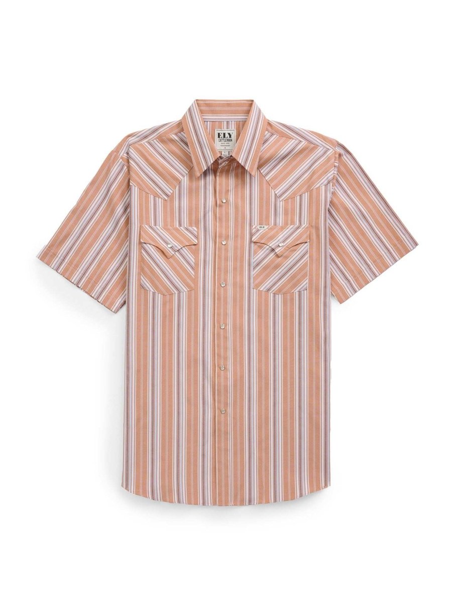 Men's Ely Cattleman Short Sleeve Stripe Western Snap Shirt- Rust & Chambray Blue - Ely Cattleman - Flyclothing LLC