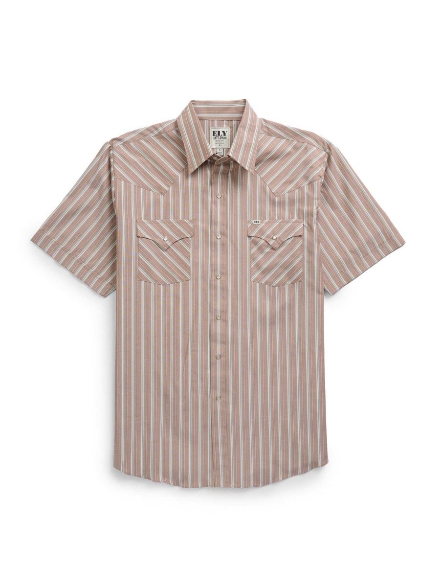 Men's Ely Cattleman Short Sleeve Stripe Western Snap Shirt- Blue & Tan - Ely Cattleman - Flyclothing LLC