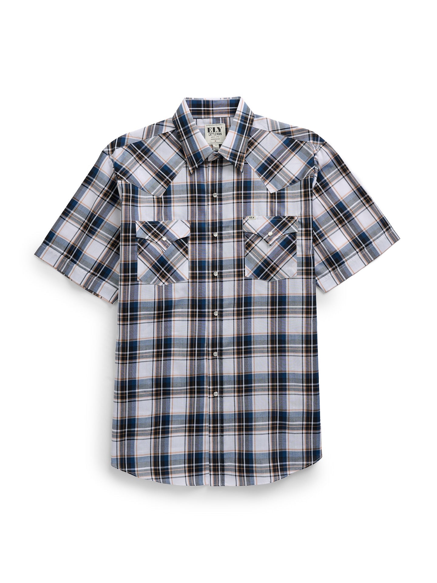 Men's Ely Cattleman Short Sleeve Plaid Western Snap Shirt- Ecru & Navy