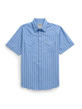 Men's Ely Cattleman Short Sleeve Americana Stripe Western Snap Shirt- Red & Blue