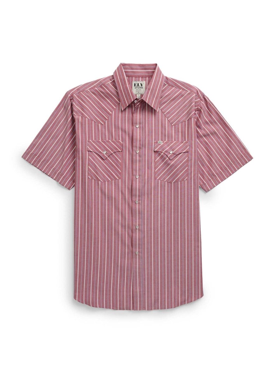 Men's Ely Cattleman Short Sleeve Americana Stripe Western Snap Shirt- Red & Blue - Ely Cattleman