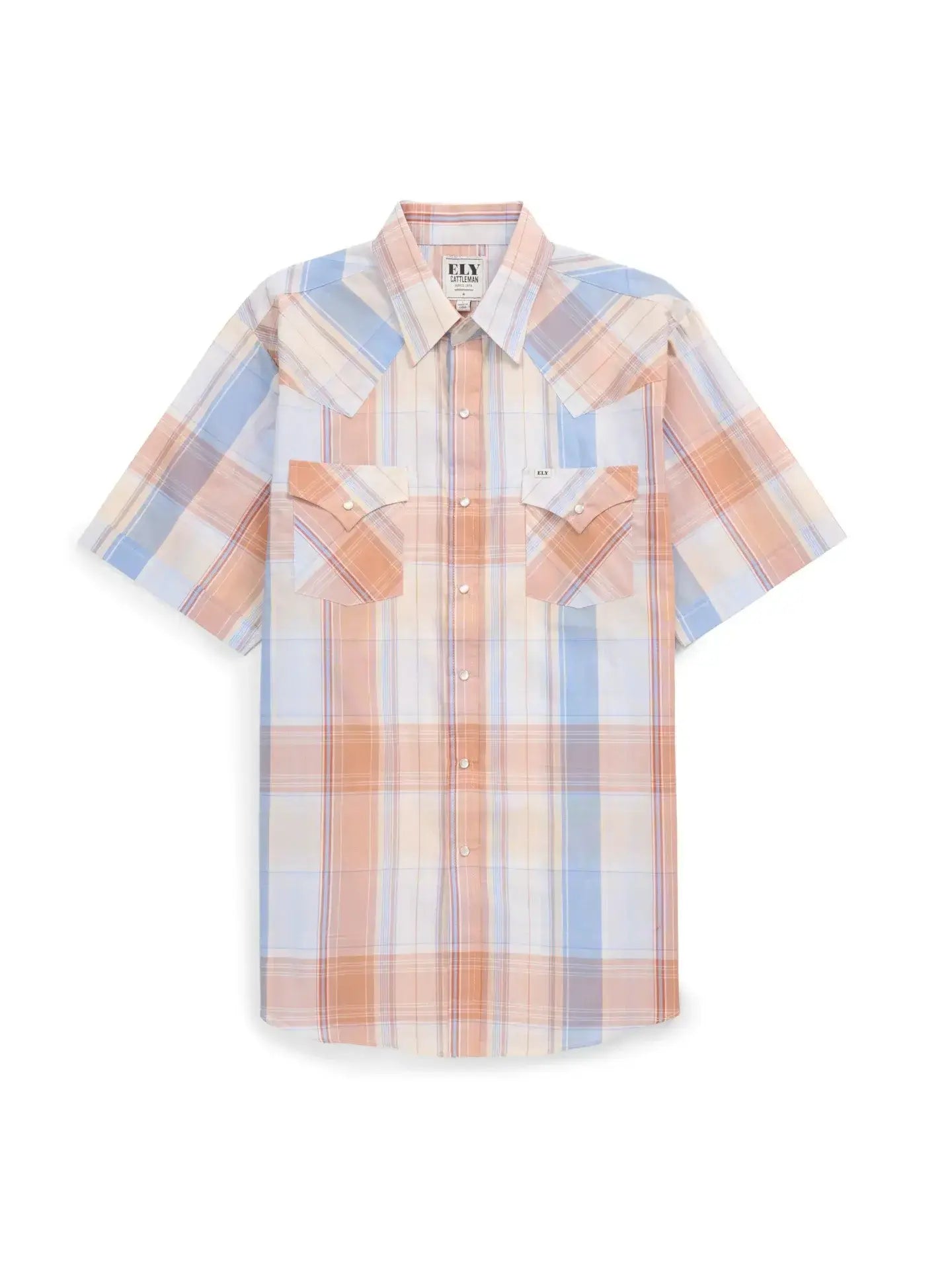 Men's Ely Cattleman Short Sleeve Light Blue Plaid Western Snap Shirt - Ely Cattleman - Flyclothing LLC