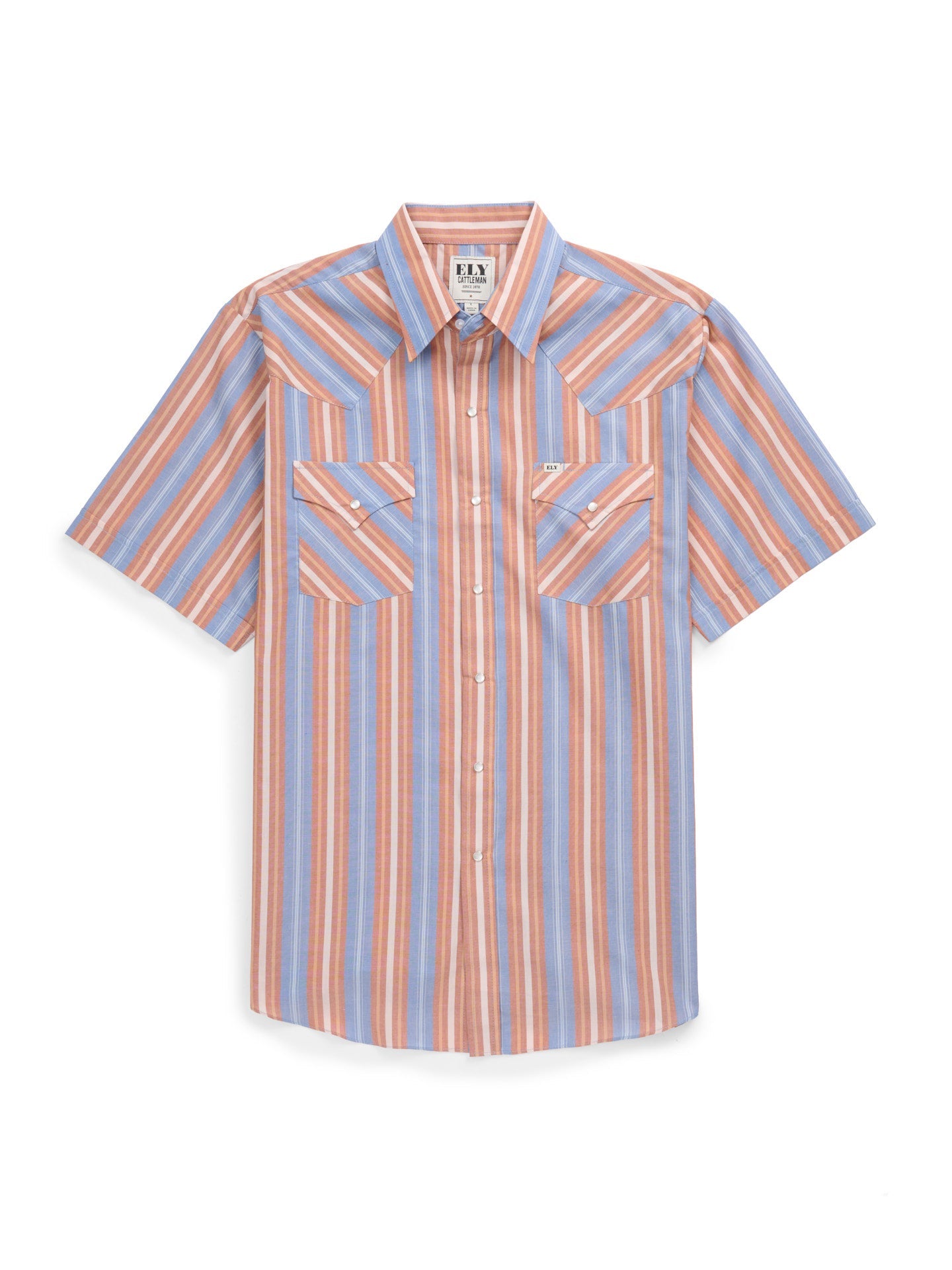 Men's Ely Cattleman Short Sleeve Blue Stripe Western Snap Shirt