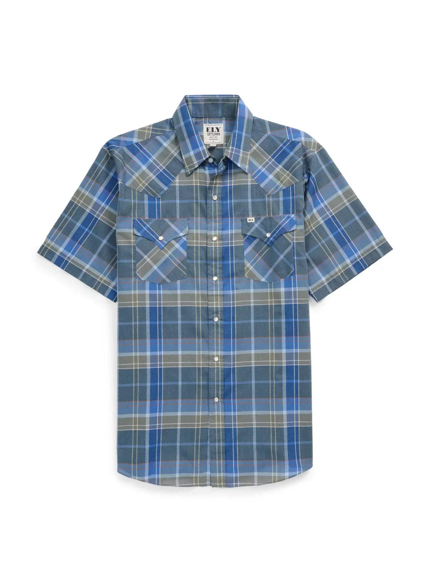 Men's Ely Cattleman Short Sleeve Navy Plaid Western Snap Shirt - Ely Cattleman - Flyclothing LLC