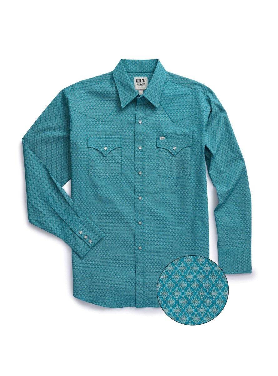 Men's Ely Cattleman Long Sleeve Medallion Print Western Snap Shirt- Teal & Khaki - Ely Cattleman