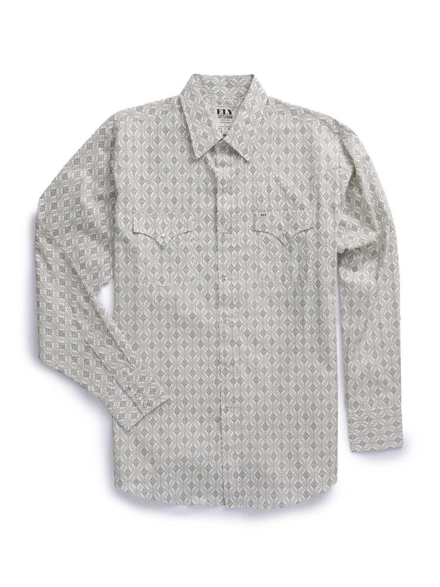 Men's Ely Cattleman Long Sleeve Medallion Print Western Snap Shirt - Ecru & Black - Ely Cattleman