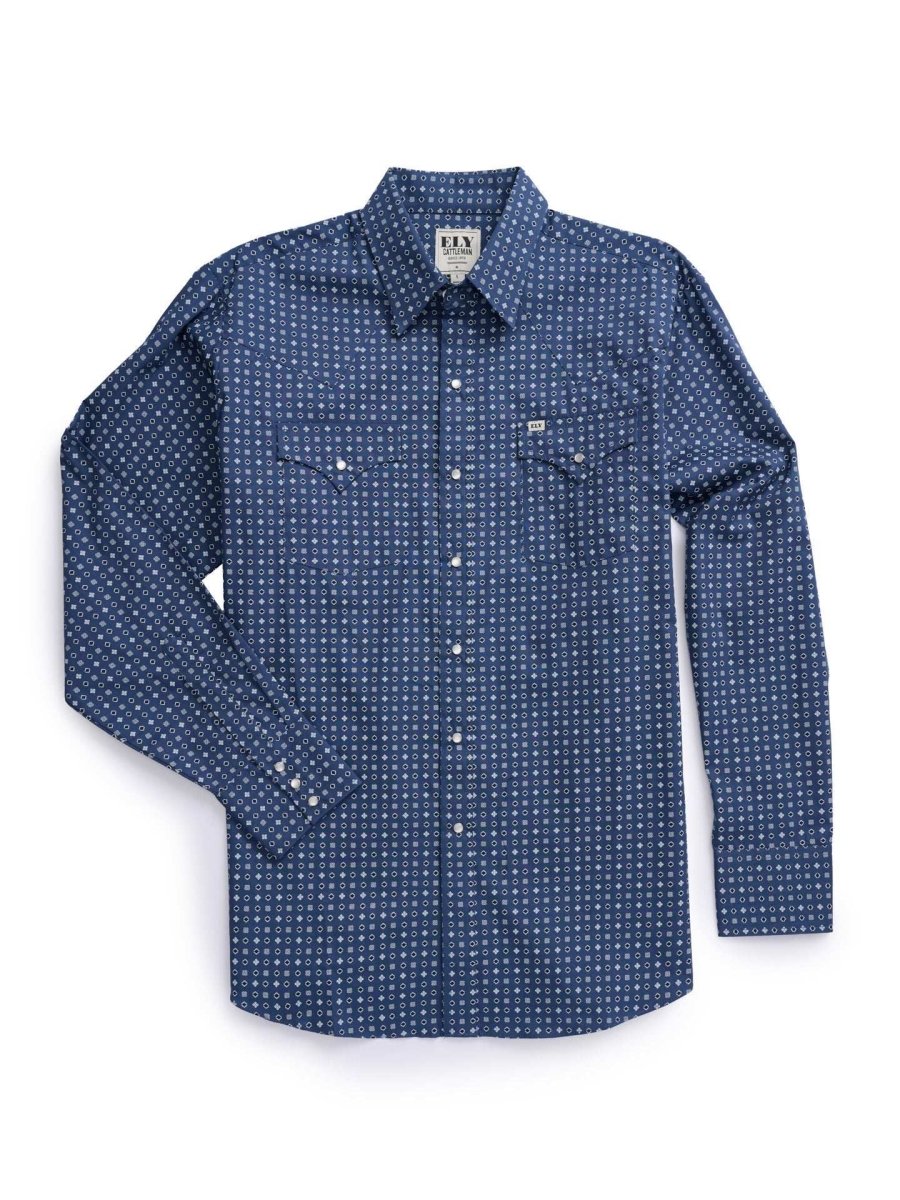 Men's Ely Cattleman Long Sleeve Geo Print Western Snap Shirt- Rust & Navy - Ely Cattleman