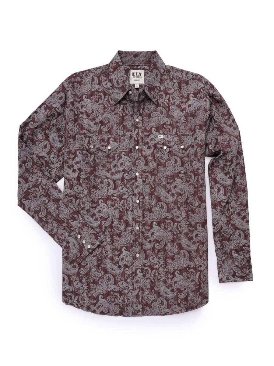 Men's Ely Cattleman Long Sleeve Paisley Print Western Snap Shirt - Denim Blue & Burgundy - Ely Cattleman - Flyclothing LLC