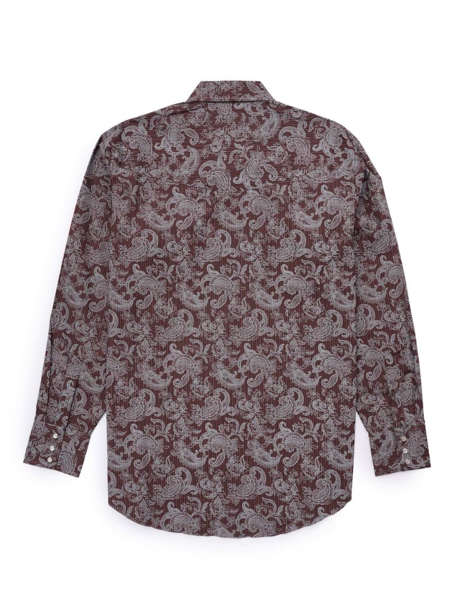 Men's Ely Cattleman Long Sleeve Paisley Print Western Snap Shirt - Denim Blue & Burgundy - Ely Cattleman - Flyclothing LLC