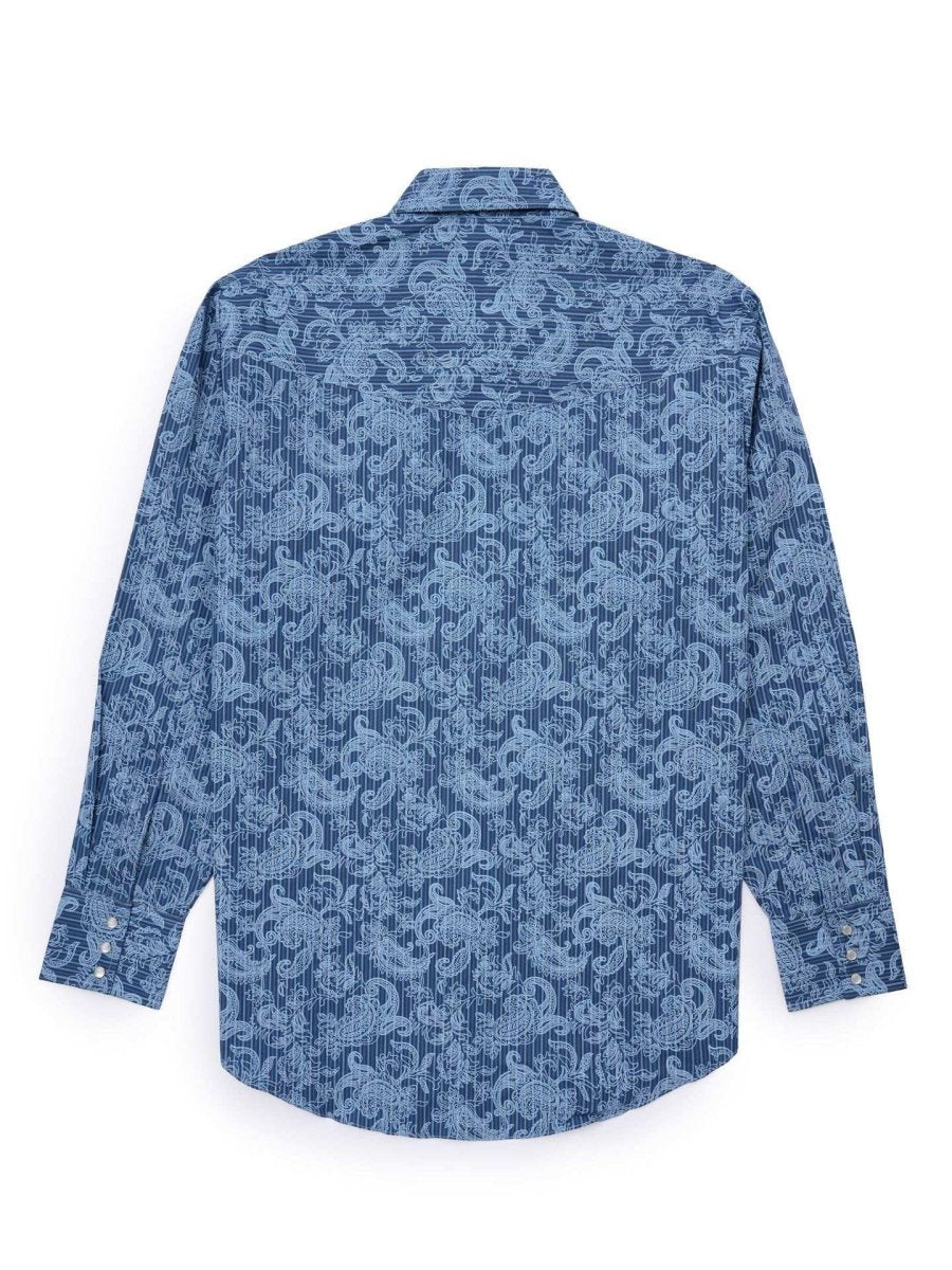 Men's Ely Cattleman Long Sleeve Paisley Print Western Snap Shirt - Denim Blue & Burgundy - Ely Cattleman - Flyclothing LLC