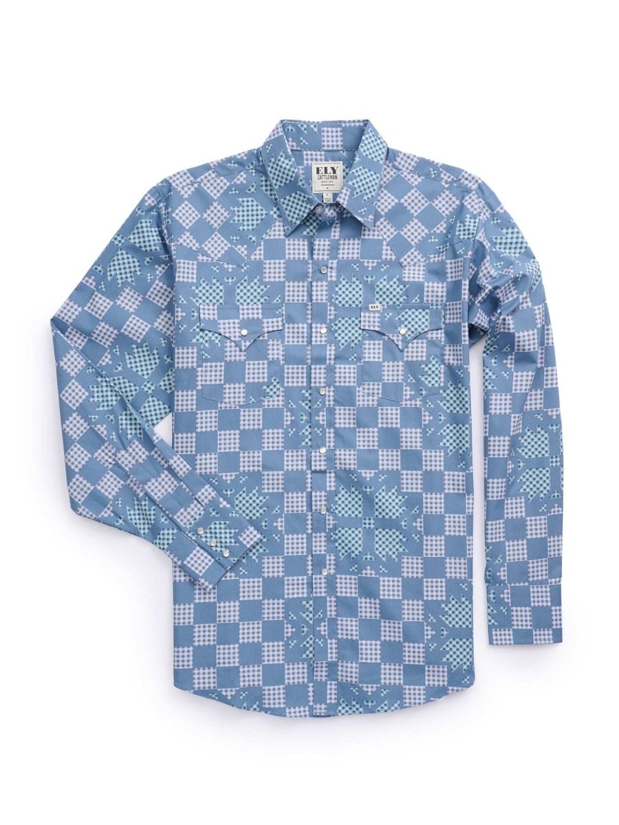 Men's Ely Cattleman Long Sleeve Checkered Patchwork Print Western Snap Shirt - Denim Blue - Ely Cattleman - Flyclothing LLC