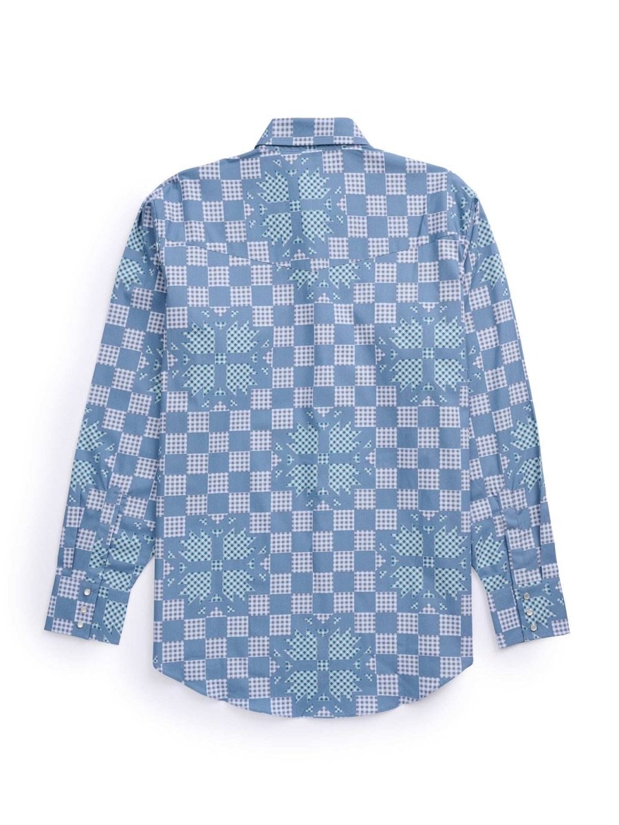 Men's Ely Cattleman Long Sleeve Checkered Patchwork Print Western Snap Shirt - Denim Blue - Ely Cattleman - Flyclothing LLC