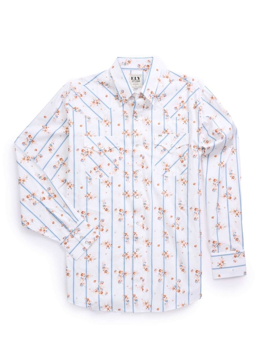 Men's Ely Cattleman Long Sleeve Wallpaper Floral Print Western Snap Shirt - White - Ely Cattleman - Flyclothing LLC