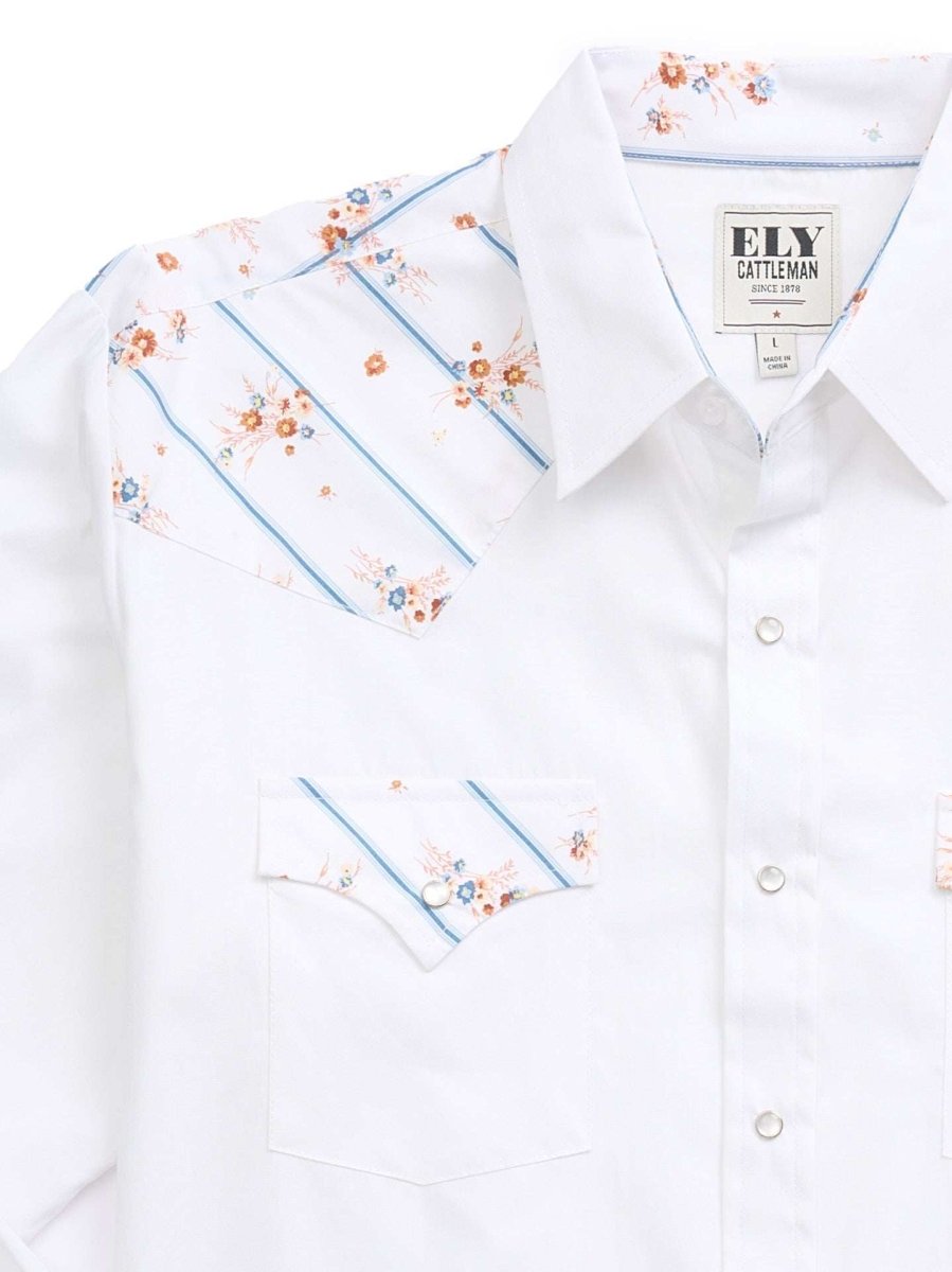 Men's Ely Cattleman Long Sleeve Solid Floral Stripe Print Western Snap Shirt -White - Ely Cattleman - Flyclothing LLC