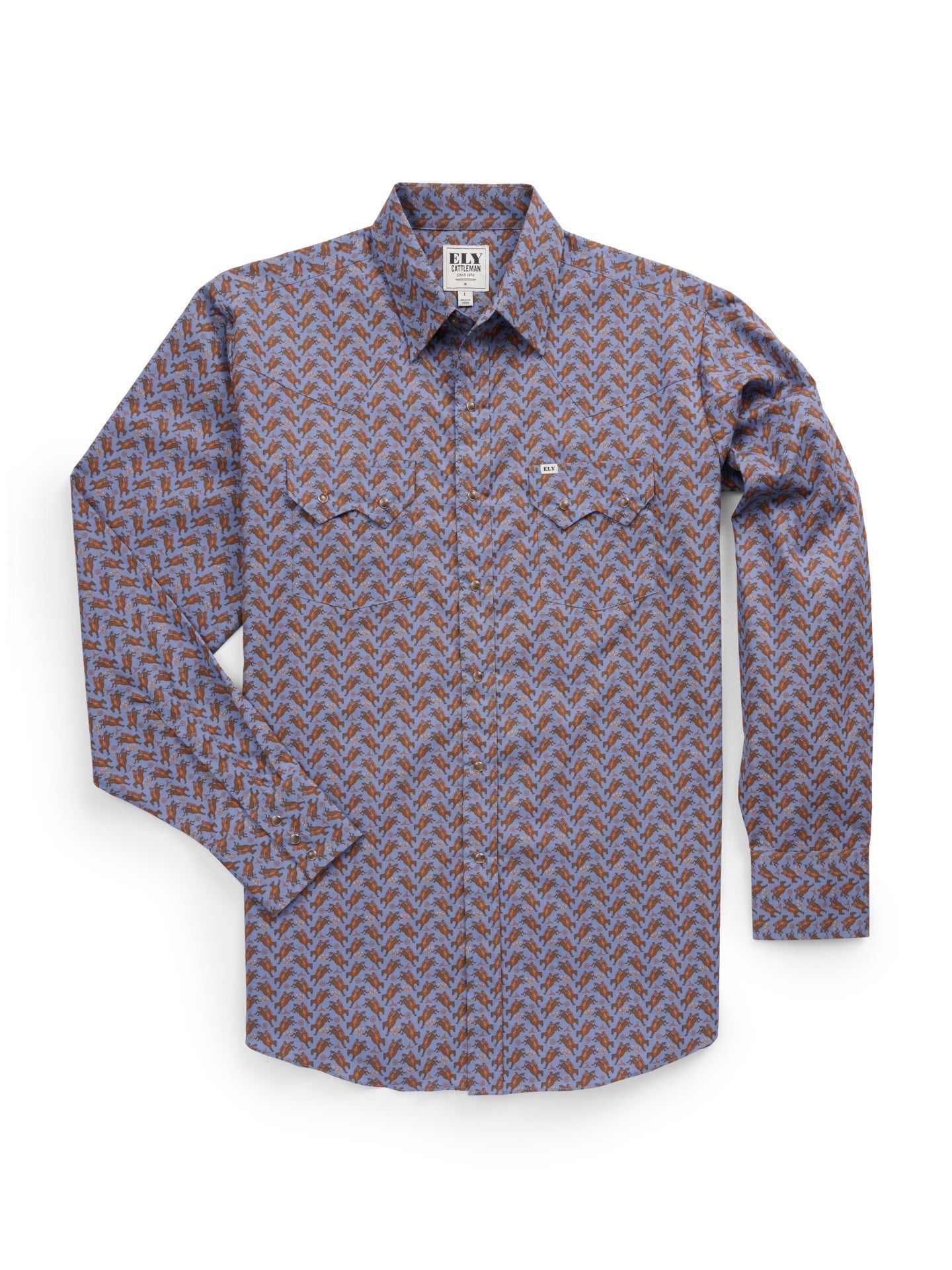 Men's Ely Cattleman Long Sleeve Cowboy Print Western Snap Shirt- Denim Blue