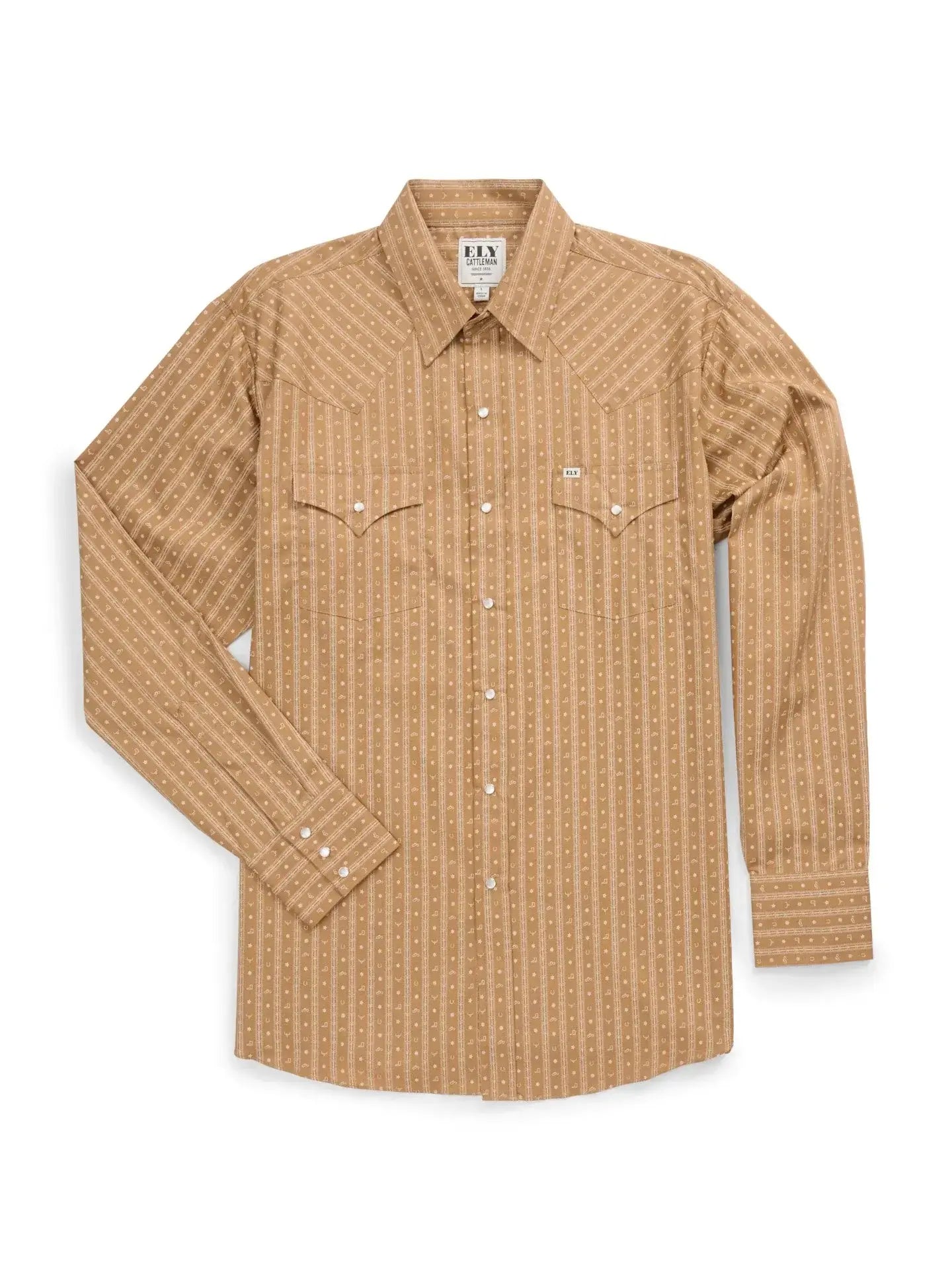 Men's Ely Cattleman Long Sleeve Barbed Wire Print Western Snap Shirt- Gold - Ely Cattleman - Flyclothing LLC