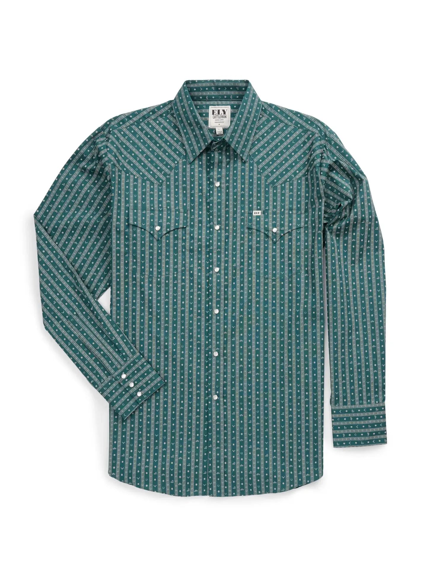 Men's Ely Cattleman Long Sleeve Barbed Wire Print Western Snap Shirt- Teal - Ely Cattleman - Flyclothing LLC