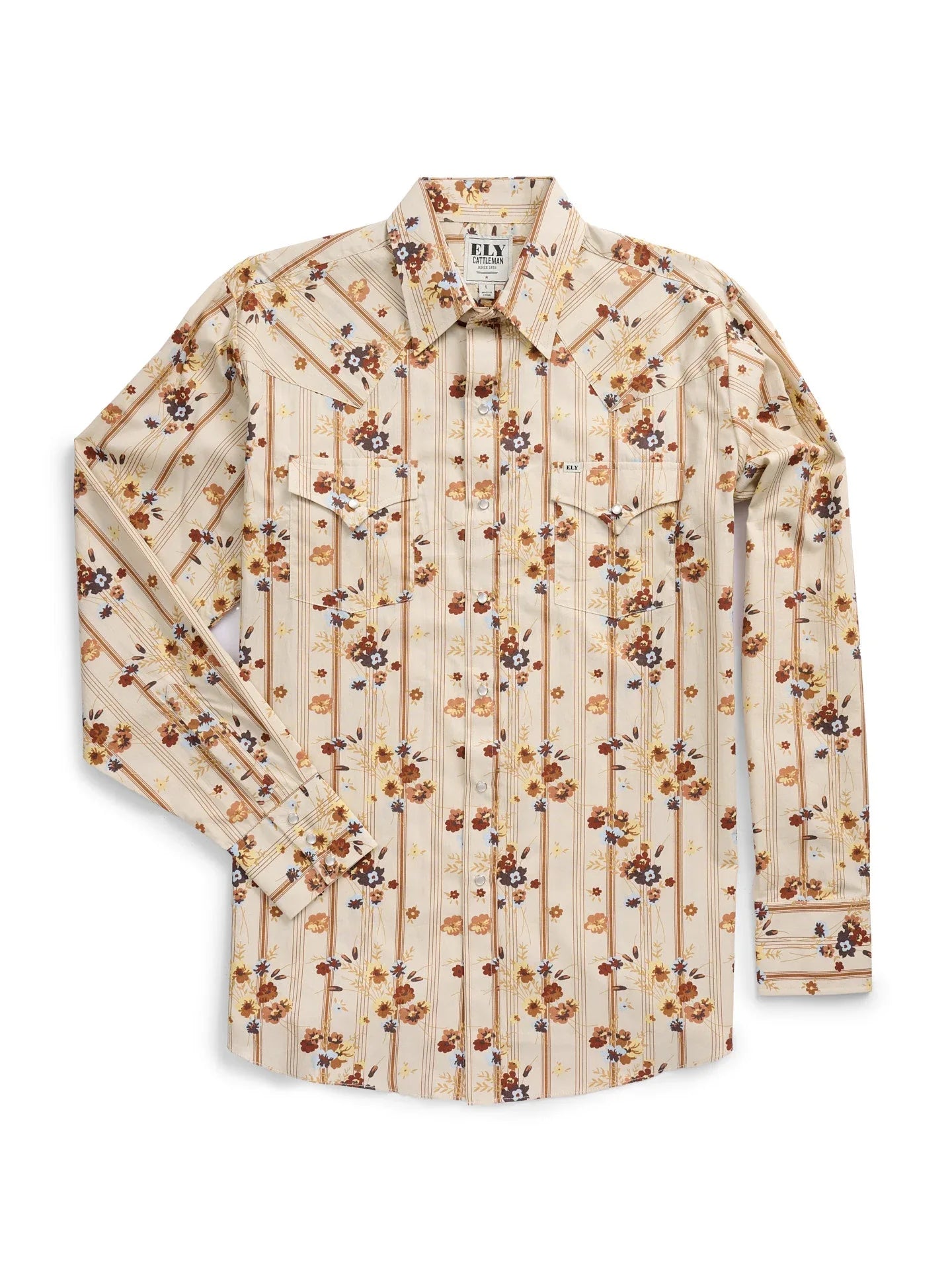 Men's Ely Cattleman Long Sleeve Wallpaper Floral Print Western Snap Shirt- Ecru - Ely Cattleman - Flyclothing LLC