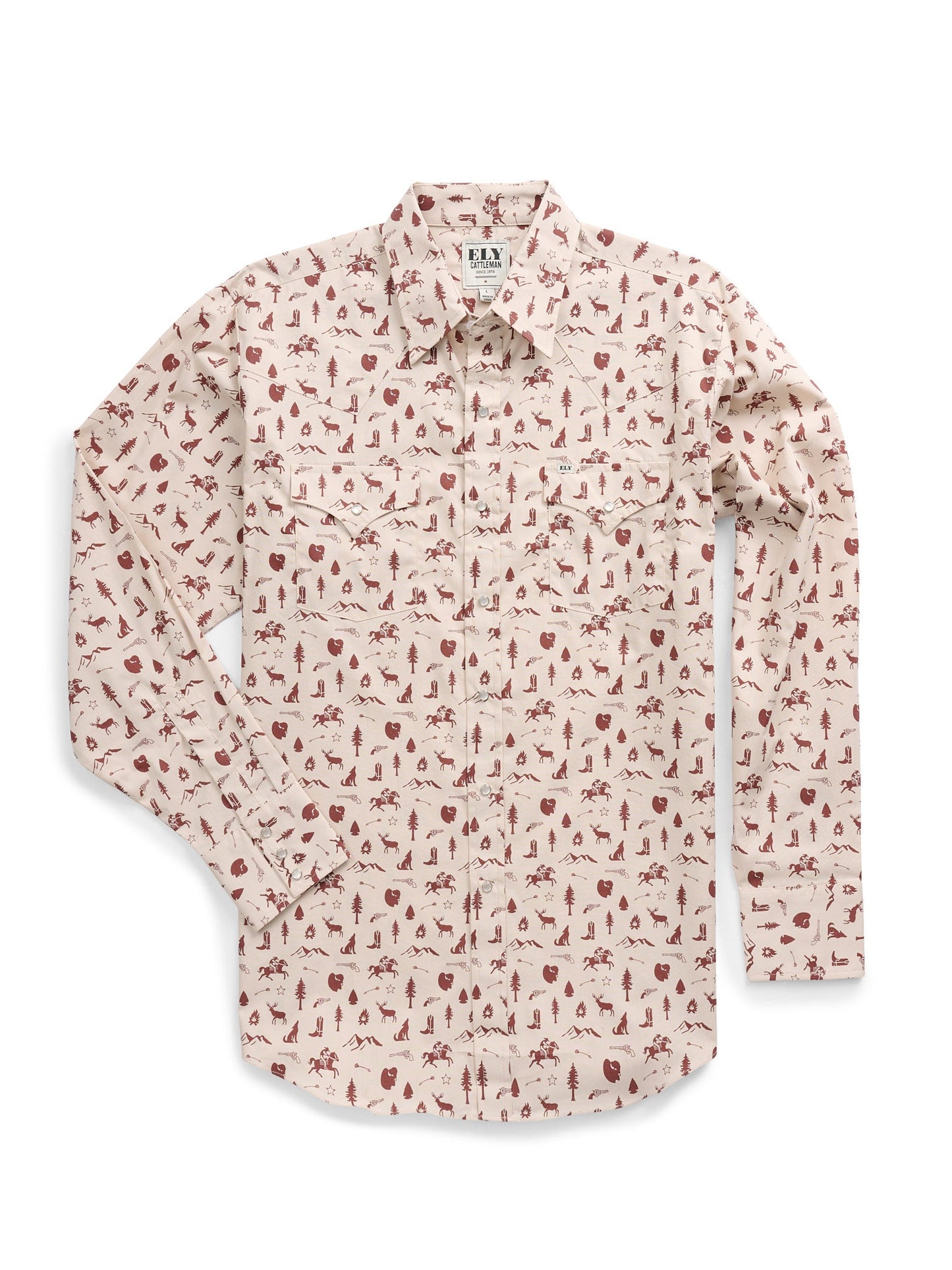 Men's Ely Cattleman Long Sleeve Conversation Print Western Snap Shirt- Ecru