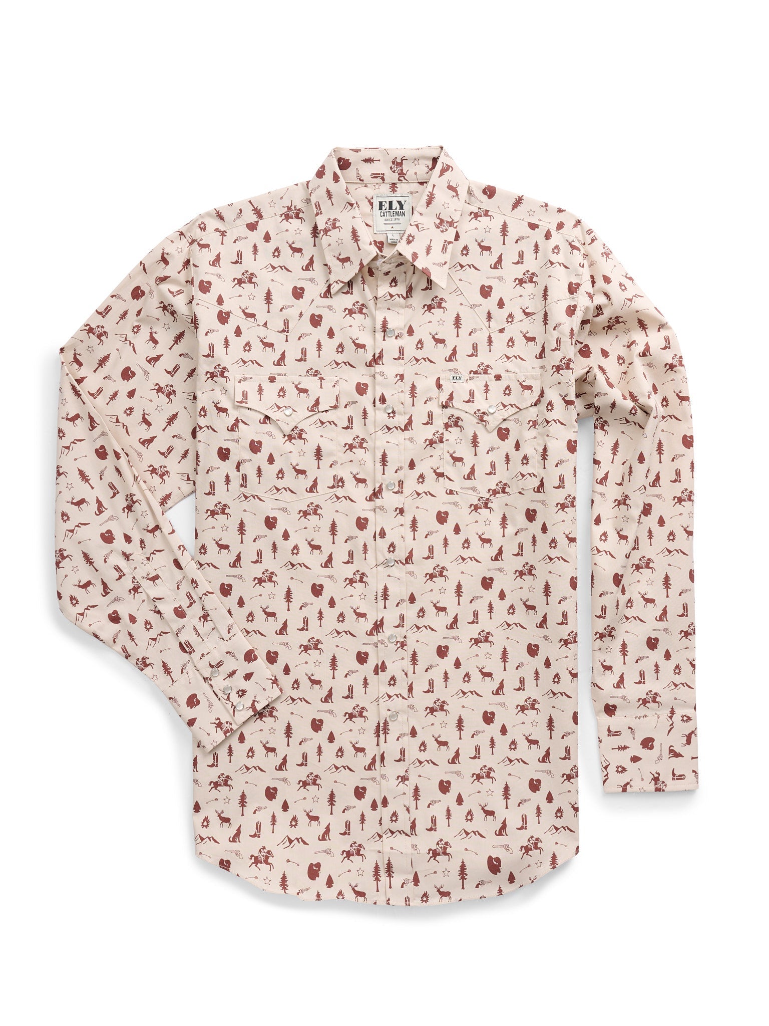 Men's Ely Cattleman Long Sleeve Conversation Print Western Snap Shirt- Ecru