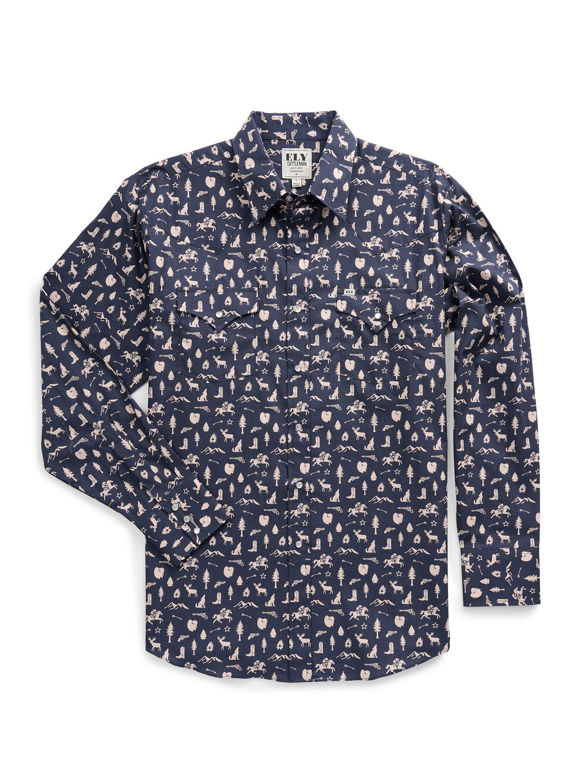 Men's Ely Cattleman Long Sleeve Conversation Print Western Snap Shirt- Midnight