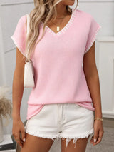 Contrast Trim V-Neck Short Sleeve Knit Top - Trendsi - Flyclothing LLC