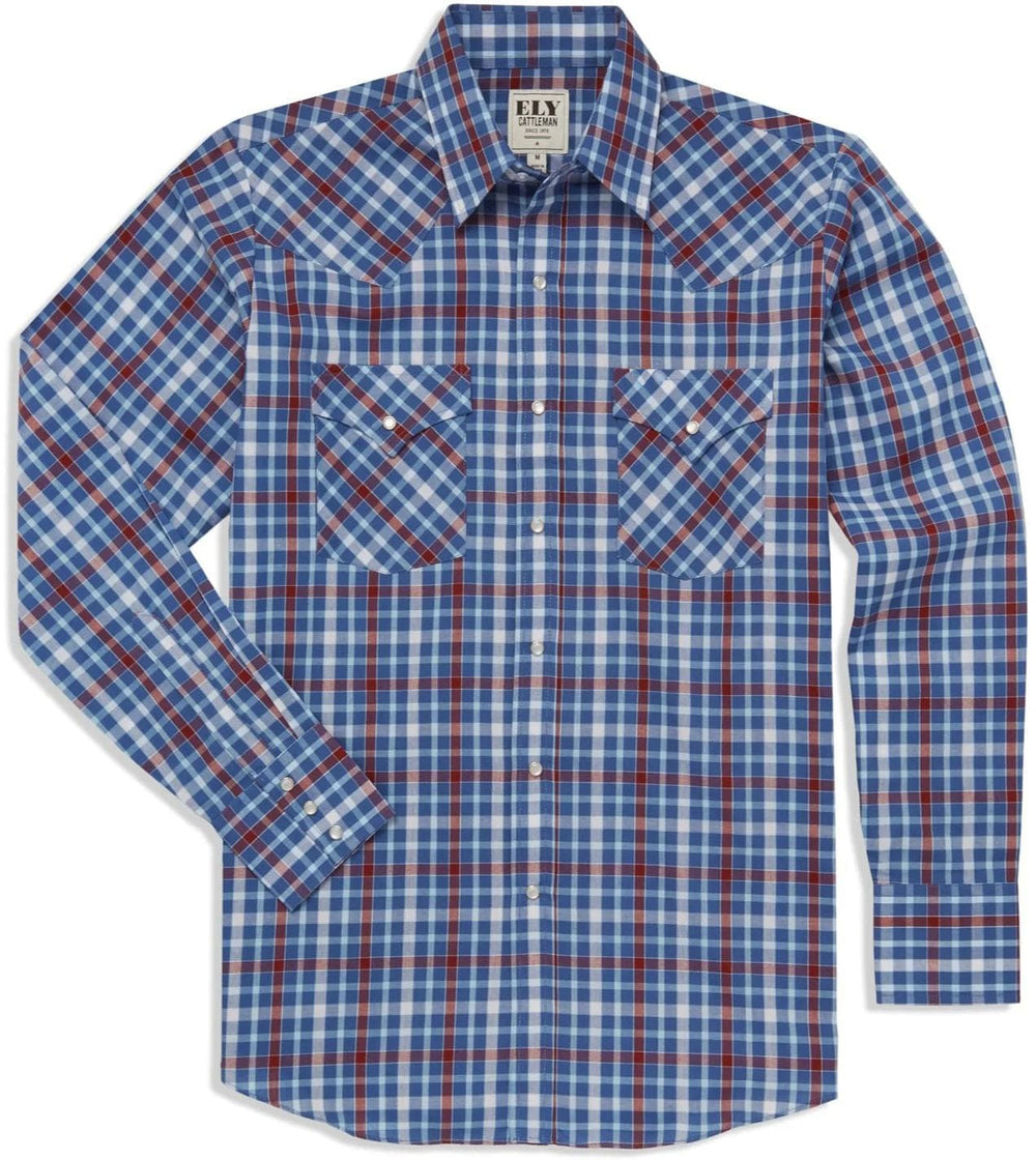 Men's Ely Cattleman Long Sleeve Heritage Plaid Western Snap Shirt- Blue & White - Ely Cattleman